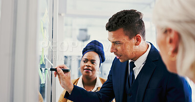 Buy stock photo Collaboration, glass wall and writing with business people in office for planning or strategy. Brainstorming, schedule and sticky notes with employee team in workplace for discussion or management