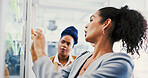 Collaboration, glass wall and planning with business women in office for teamwork or strategy. Brainstorming, mindmap and sticky notes with employee people in workplace for discussion or management