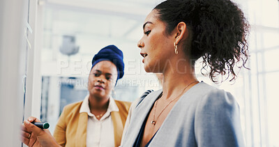 Buy stock photo Collaboration, glass wall and writing with corporate people in office for planning or strategy. Brainstorming, schedule and sticky notes with business team in workplace for discussion or management