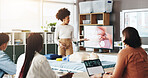 Woman, paramedic or presentation with screen for first aid training, emergency service or health and safety. Female person, teacher or students with display for medical course or rescue demonstration