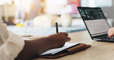 Buy stock photo Person, hands and writing with first aid presentation for health and safety training at workplace. Closeup, employee and learning with notes for emegency rescue or demonstration at paramedic workshop