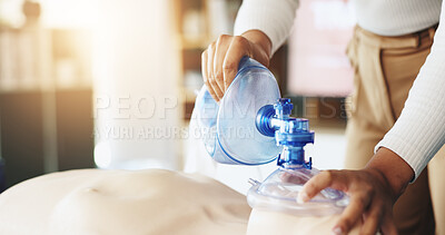 Buy stock photo Teaching, cpr and hands with mask, dummy and lesson to help in emergency, healthcare and demonstration. Course, person and instructor with ventilator for mannequin, breathing and oxygen in class