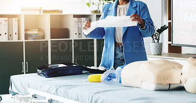 Buy stock photo Hands, woman and bandage for first aid training for injury safety, dressing demonstration and lesson. Person, explain and gauze for wound care, medical emergency and learning procedure of life saving