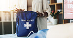 Hands, woman and bag for first aid training for rescue safety, demonstration lesson and advice. Person, explaining and medical kit for emergency injury, learning procedure and process for life saving