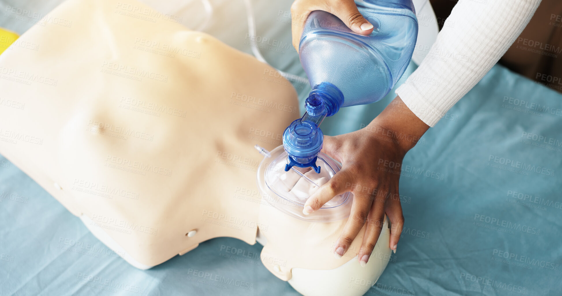 Buy stock photo Training, oxygen and woman with mask, dummy and lesson to help in emergency, healthcare and demonstration. Course, people and instructor with ventilator for mannequin, breathing and cpr in class