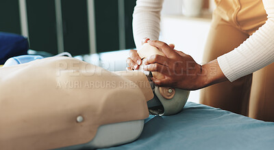 Buy stock photo Hands, person and dummy for first aid course with demonstration, breathing safety and rescue. Instructor, explain and position mannequin for choking procedure, emergency process and urgency technique
