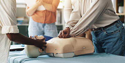 Buy stock photo First aid, training and hands of people with dummy for CPR, chest compression lesson or life saving procedure. Business, teamwork or healthcare class for employee rescue, workplace safety or learning
