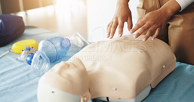Buy stock photo Hands, person and explaining cpr with dummy for demonstration, compression and breathing safety. Woman, mannequin and ventilation process of medical emergency, healthcare protocol and technique steps
