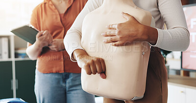 Buy stock photo Person, hands or mannequin with first aid for healthcare assistance, training or medical demonstration. Closeup, teacher or emergency service with choke hazard or dummy for rescue technique or safety