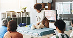 Woman, teaching and dummy for cpr training for demonstration, compression and breathing safety. Person, mannequin and ventilation process for medical emergency, healthcare protocol and cardiac arrest