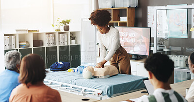 Buy stock photo Woman, teaching and dummy for cpr training for demonstration, compression and breathing safety. Person, mannequin and ventilation process for medical emergency, healthcare protocol and cardiac arrest