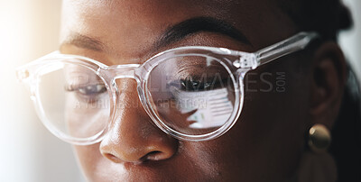 Buy stock photo Eyes, reflection and black woman with glasses, reading and research for data analysis, sales and company. Business, eyecare and tablet with graphs on web, scroll and person with prescription eyewear