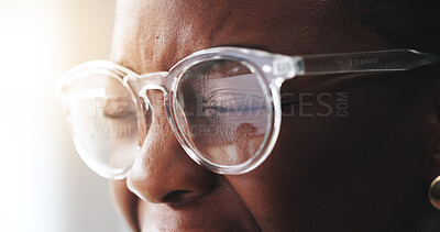 Buy stock photo Eyes, glasses and woman with headache, pain and exhausted with fatigue, retina and stress. Closeup, eyewear and person with migraine, tired and burnout with vision, wrong lenses and optometry