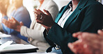 Business, hands and people with clapping in conference for company achievement, sales growth and celebration. Financial expo, group and applause for career development, audience approval or good news