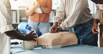 Help, cpr and hands with mask, dummy and lesson for process in emergency, healthcare and demonstration. Course, people and instructor with ventilator for mannequin, breathing and oxygen in class