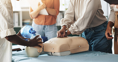 Buy stock photo Help, cpr and hands with mask, dummy and lesson for process in emergency, healthcare and demonstration. Course, people and instructor with ventilator for mannequin, breathing and oxygen in class