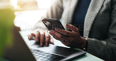 Buy stock photo Hands, business and woman with laptop, cellphone and contact with creativity, communication and internet. Digital app, person or employee in workplace, pc or smartphone with seo or email for feedback