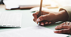 Contract, hands and writing with business person at desk in office to sign raft or proposal. Agreement, documents and paperwork with signature of employee closeup at work for management approval