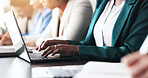 Accounting, meeting or hands of people on laptop for finance management or budget review. Financial business, accountant and profit report update for audit deadline, typing and company spreadsheet