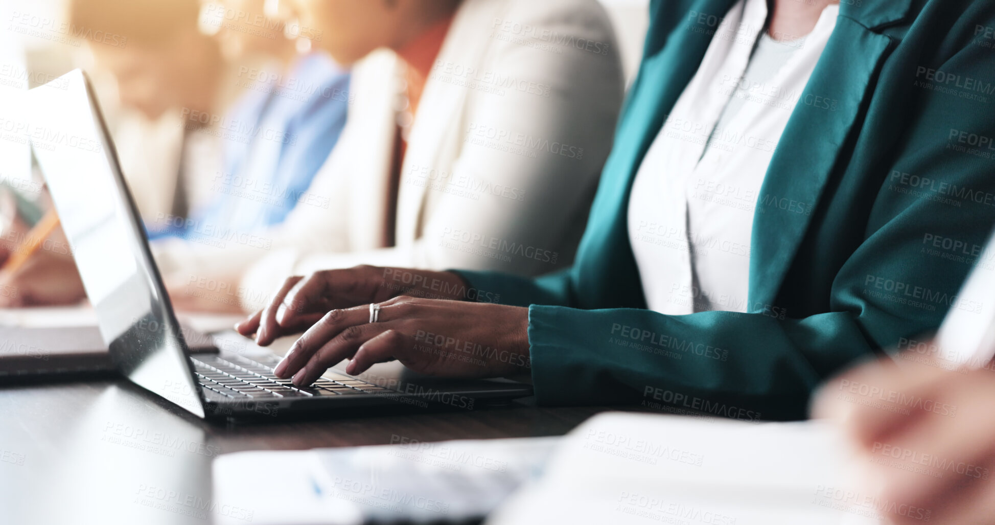 Buy stock photo Accounting, meeting or hands of people on laptop for finance management or budget review. Financial business, accountant and profit report update for audit deadline, typing and company spreadsheet