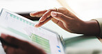 Statistics, screen and hands of woman on tablet with graph, online data and information. Business, professional and closeup of worker on digital tech for report, finance review and profit analytics