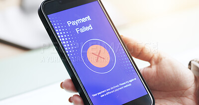 Buy stock photo Hand, payment failed and phone screen with employee closeup in office for ecommerce or transaction. Bankruptcy, debt and finance with business person in workplace for shopping or transfer problems