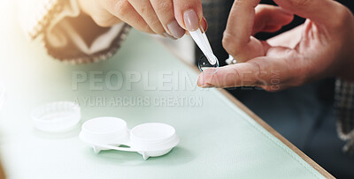 Buy stock photo Optometry, contact lens and hands of person with container for eye care, health and wellness. Healthcare, protection and closeup with eyewear for vision, eyesight and prescription for ophthalmology