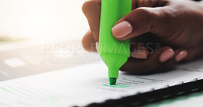 Buy stock photo Office, documents and hands of person with highlighter for notes on proposal, report and contract. Professional, edit and worker with marker on paperwork for proofreading, review and inspection