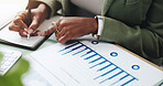 Hands, business woman and writing with documents, graphs for profit growth and sales analytics. Closeup, person or financial advisor in office, paperwork and notes for charts or company revenue