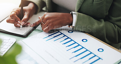 Hands, business woman and writing with documents, graphs for profit growth and sales analytics. Closeup, person or financial advisor in office, paperwork and notes for charts or company revenue
