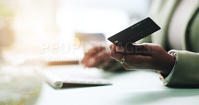 Buy stock photo Business woman, hands and computer with credit card for online shopping sale, banking purchase and check pin. Professional, employee and debit payment for financial investment, fintech or transaction