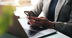 Hands, business and woman in office, smartphone and laptop with social media, texting and internet. Closeup, person and employee in workplace, pc or cellphone with communication or email for feedback