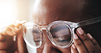 Hands, glasses and woman with headache, strain and exhausted with fatigue, tired and stress. Closeup, eyewear and person with migraine, pain and burnout with vision, wrong lenses and optometry