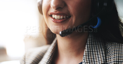 Buy stock photo Customer support, woman and closeup with headset in office for hotline, advice or crm service. Consultant, smile and microphone technology with conversation for consulting, help and communication
