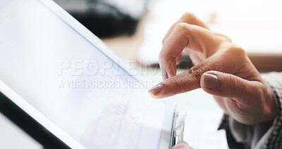 Buy stock photo Hand, screen and businesswoman on tablet for company, finance and wealth management in office. Banker, feedback and financial advisor with internet for investment app, digital technology or profit