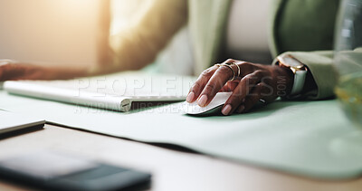 Buy stock photo Hands, mouse and business woman on computer in office for research, report and journalism on internet. Worker, keyboard and professional at desk for news article, creative story and email online