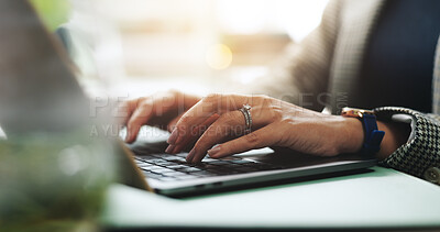 Buy stock photo Hands, laptop and business woman typing in office for research or journalism on internet. Writing, keyboard and closeup with professional news reporter working on article, creative story and email