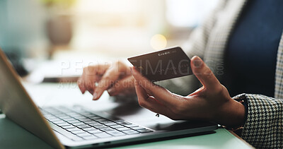 Buy stock photo Business woman, hands and laptop with credit card for online shopping, easy transaction and financial purchase. Closeup, employee and banking app for ecommerce, internet payment and website discount
