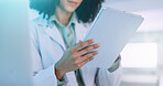 Woman, hands and scientist with tablet for research, new study or scientific data at laboratory. Closeup, female person or science on technology for digital results, innovation or medical development