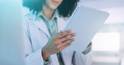 Buy stock photo Woman, hands and scientist with tablet for research, new study or scientific data at laboratory. Closeup, female person or science on technology for digital results, innovation or medical development