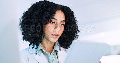 Buy stock photo Woman, scientist and reading on tablet in lab for medical research, experiment results and study report. Person, digital app and information with investigation feedback, discovery update and vaccine