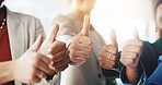 Thumbs up, teamwork and business people in office with approval, achievement or collaboration. Goal, agreement and group of employees with satisfaction hand gesture in workplace for target together.