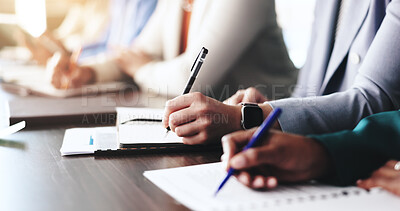 Buy stock photo People, meeting and hands of accountant writing for finance management and budget review. Financial business, notes and profit report update for audit deadline, accounting and company spreadsheet