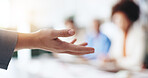 Hand, business and woman with closeup, presentation and speech for financial seminar. People, employee and speaker in modern office, gesture and workshop for accounting, spokesperson and coaching