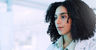 Buy stock photo Woman, scientist and working with profession at lab for discovery, computer science or medical research. Female person, analyst or specialist with technology for data improvement on mockup space