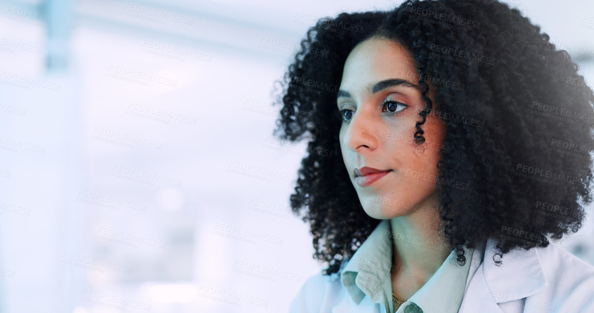 Buy stock photo Woman, scientist and working with profession at lab for discovery, computer science or medical research. Female person, analyst or specialist with technology for data improvement on mockup space