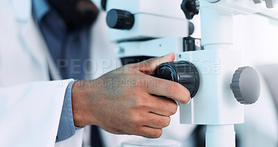 Buy stock photo Hands, scientist and microscope at laboratory with medical research, zoom and equipment for vaccine development. Person, dna analysis and clinical study with bacteria sample for pharma solution