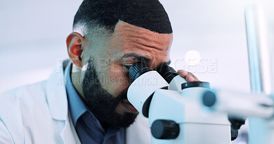 Buy stock photo Microscope, man and scientist in laboratory with research on cell function for RNA development. Biotech, medical study and male geneticist with equipment for DNA vaccine, pharmaceutical or immunology