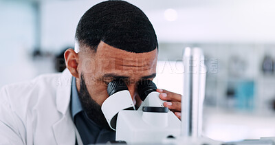Buy stock photo Man, forensic and scientist with microscope for exam, clinic trial or test results at laboratory. Male person, science or discovery with microscopic technology for DNA analysis or medical research