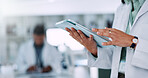 Person, hands and scientist with tablet for research, new study or scientific data at laboratory. Closeup, science or checklist with technology for digital results, innovation or medical development